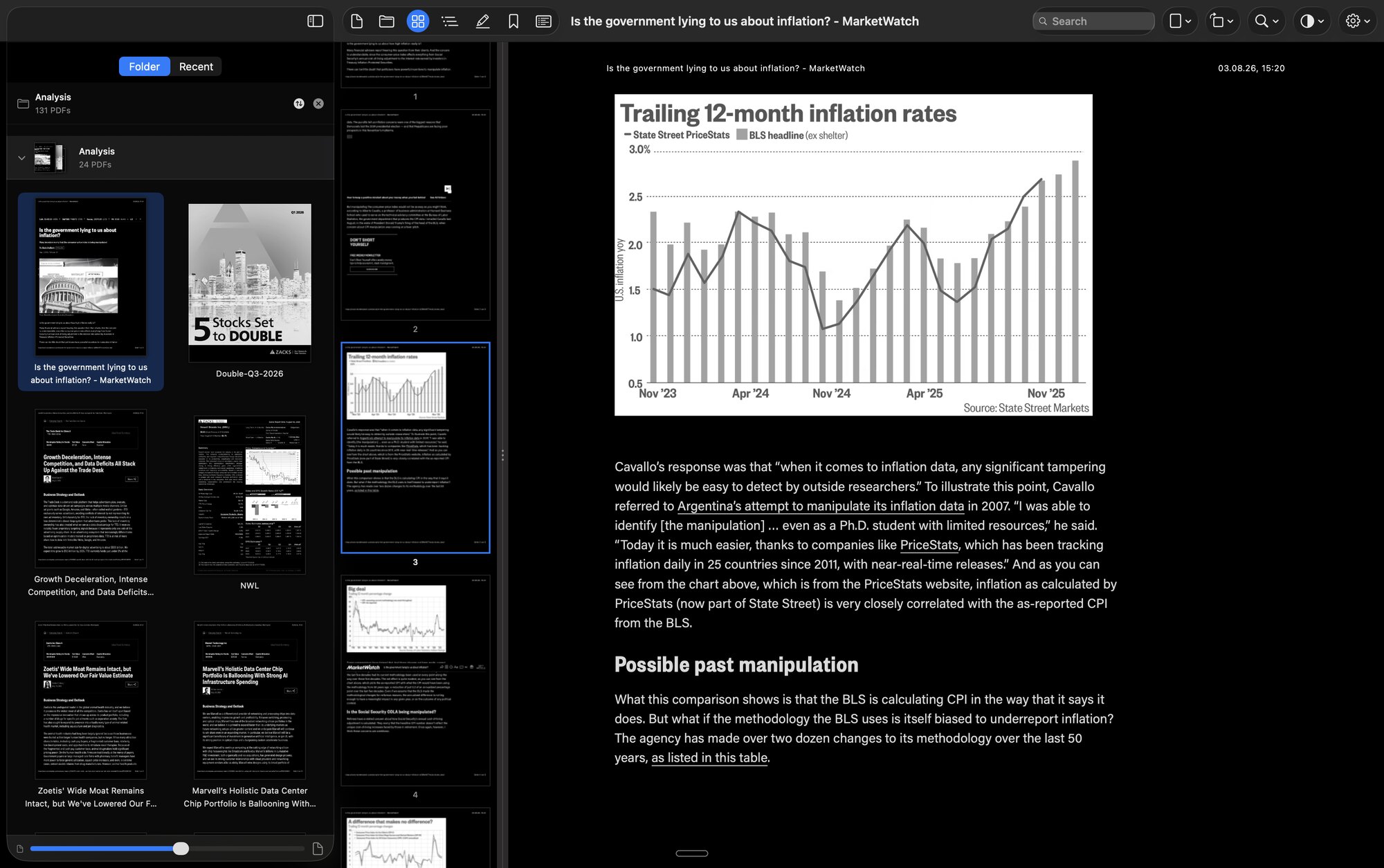 Lucerna on a Mac: a library of PDFs on the left, and a darkened page on the right whose chart is still printed the right way round.