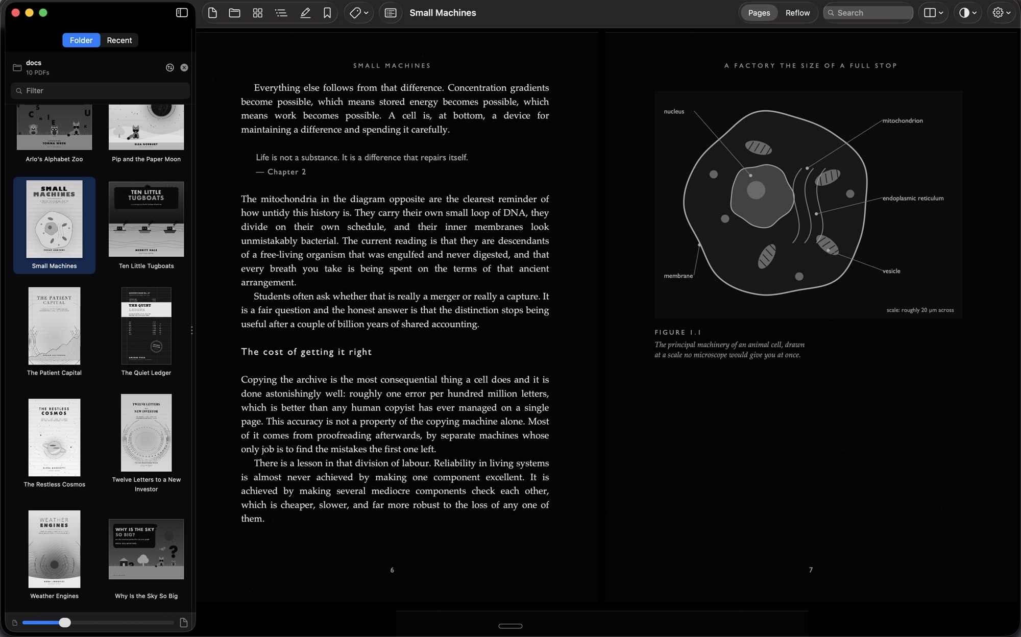Lucerna on a Mac: a library of sample books on the left, and a darkened spread on the right whose diagram is still printed the right way round.