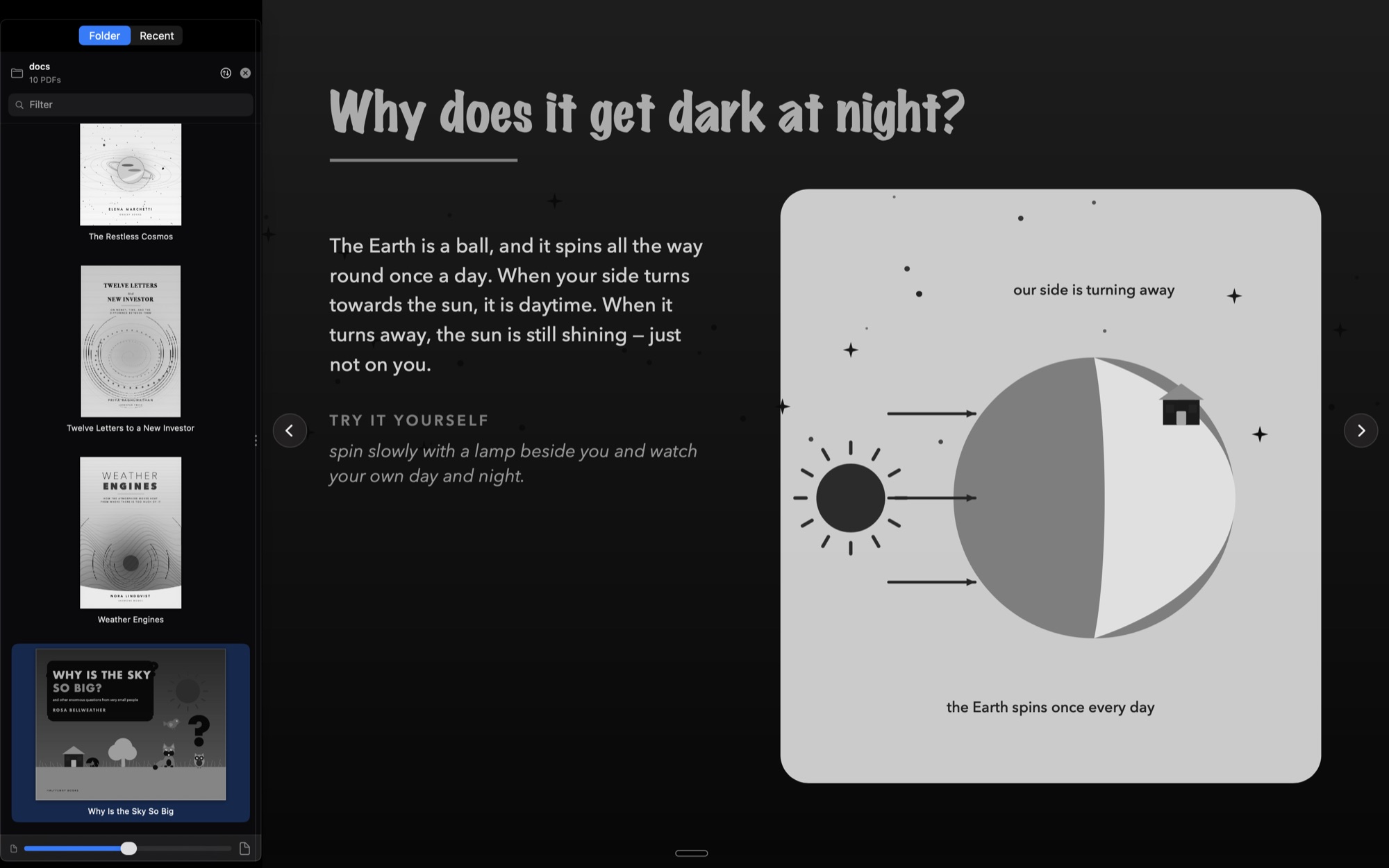 A long page of text with page thumbnails down the left side.