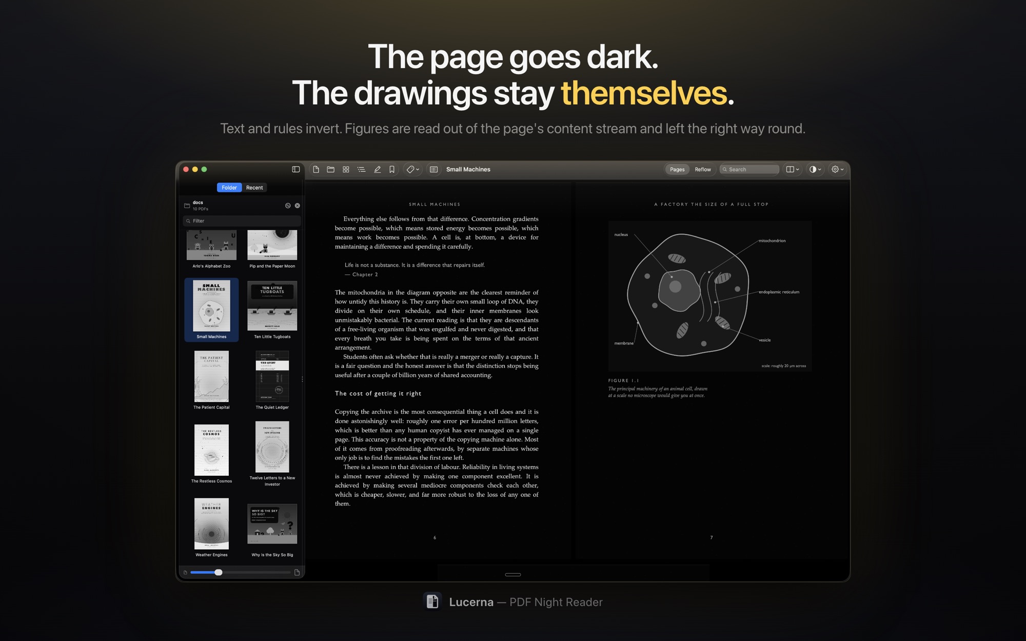 A darkened page whose drawings are still printed the right way round, under the words: the page goes dark, the drawings stay themselves.