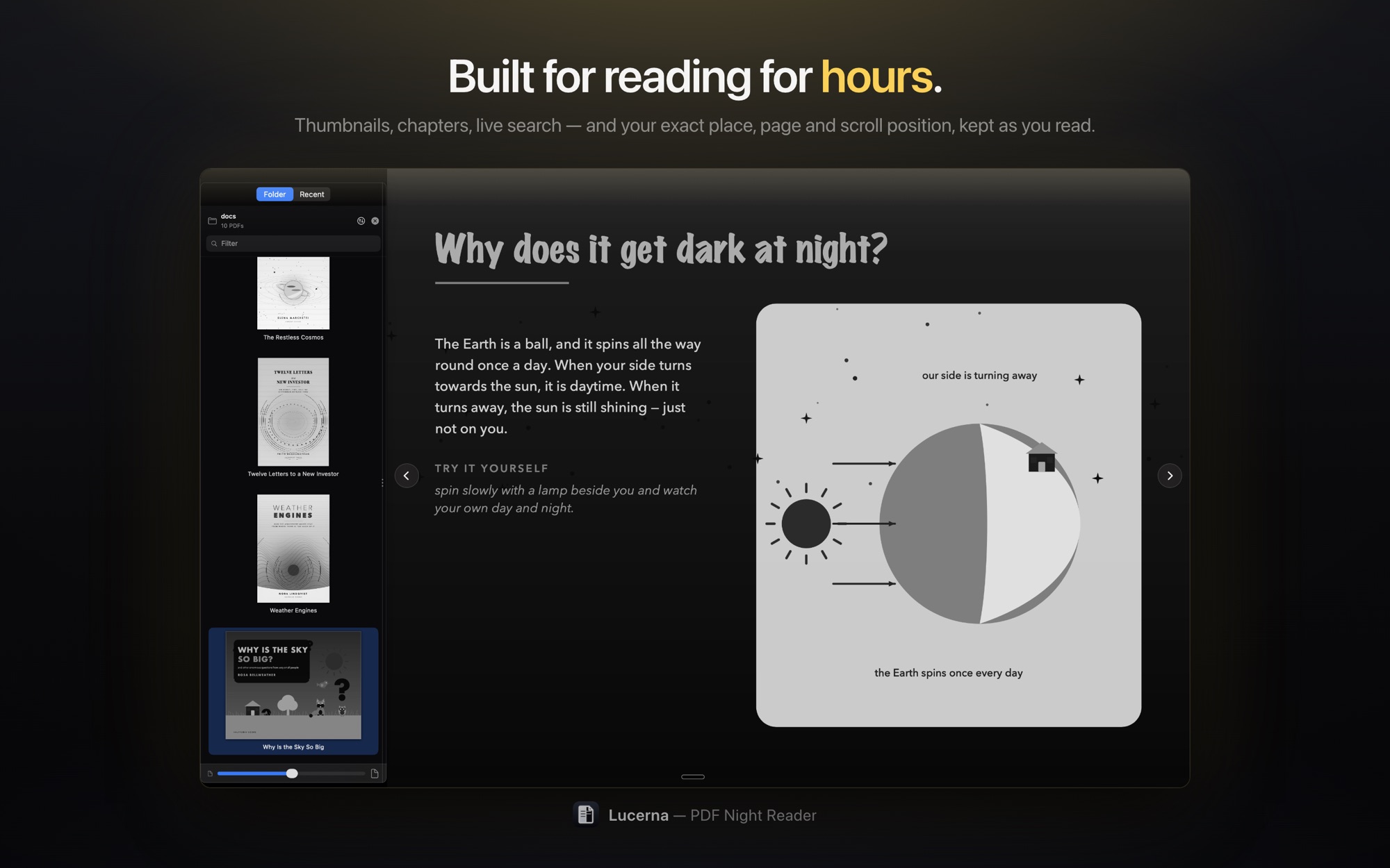 A long page of text with thumbnails down one side, under the words: built for reading for hours.