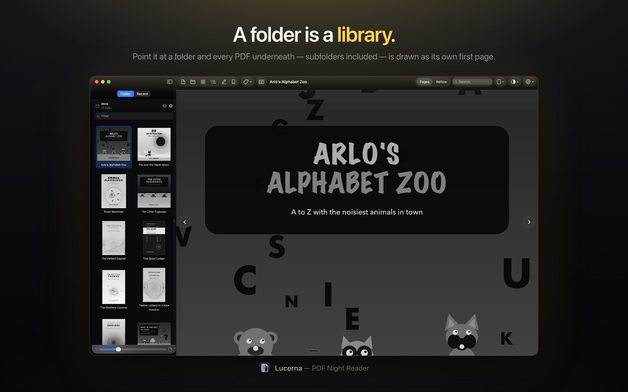 A folder of PDFs drawn as covers beside an open book, under the words: a folder is a library.