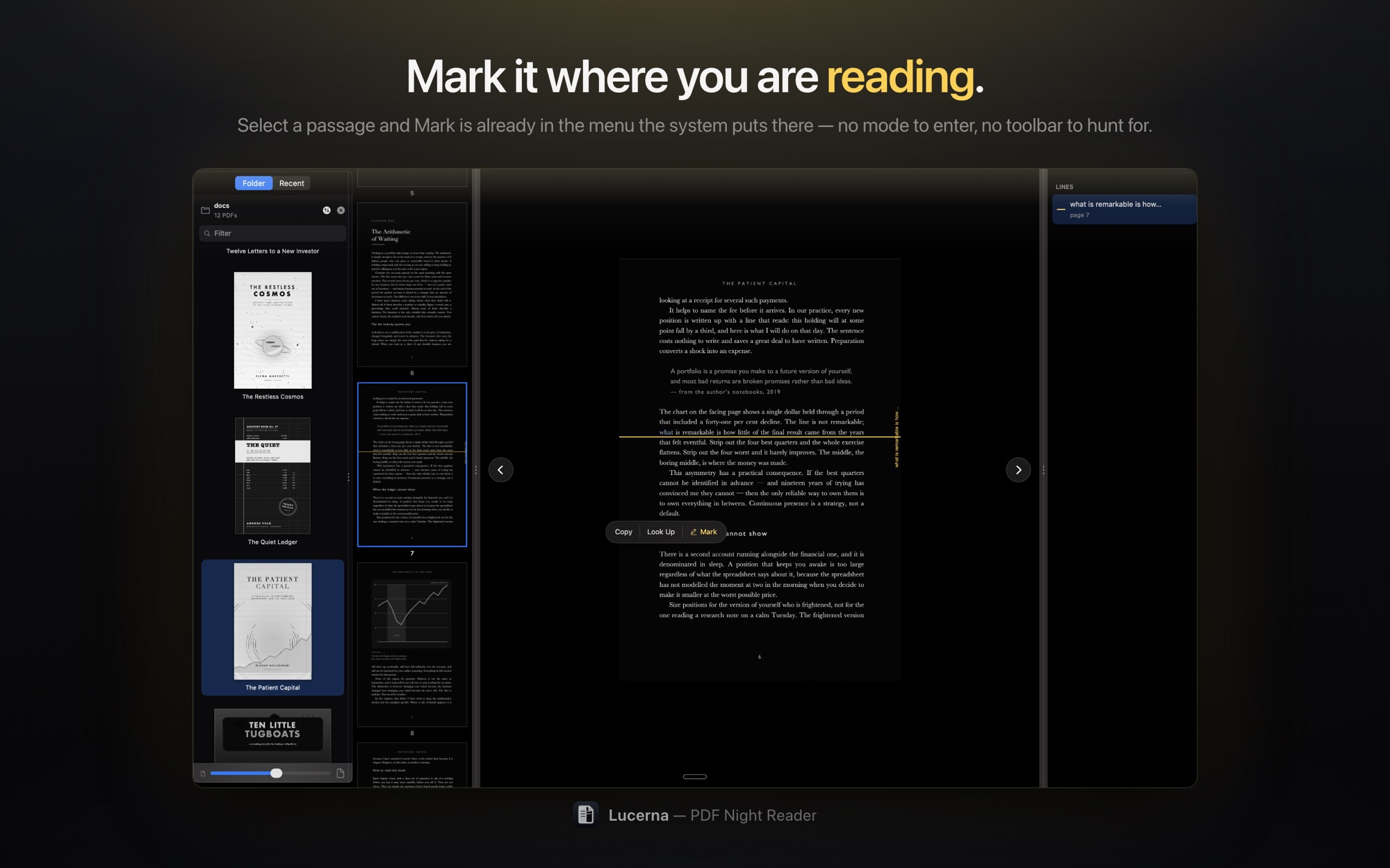 A passage being marked from the menu the system already puts beside a selection, under the words: mark it where you are reading.