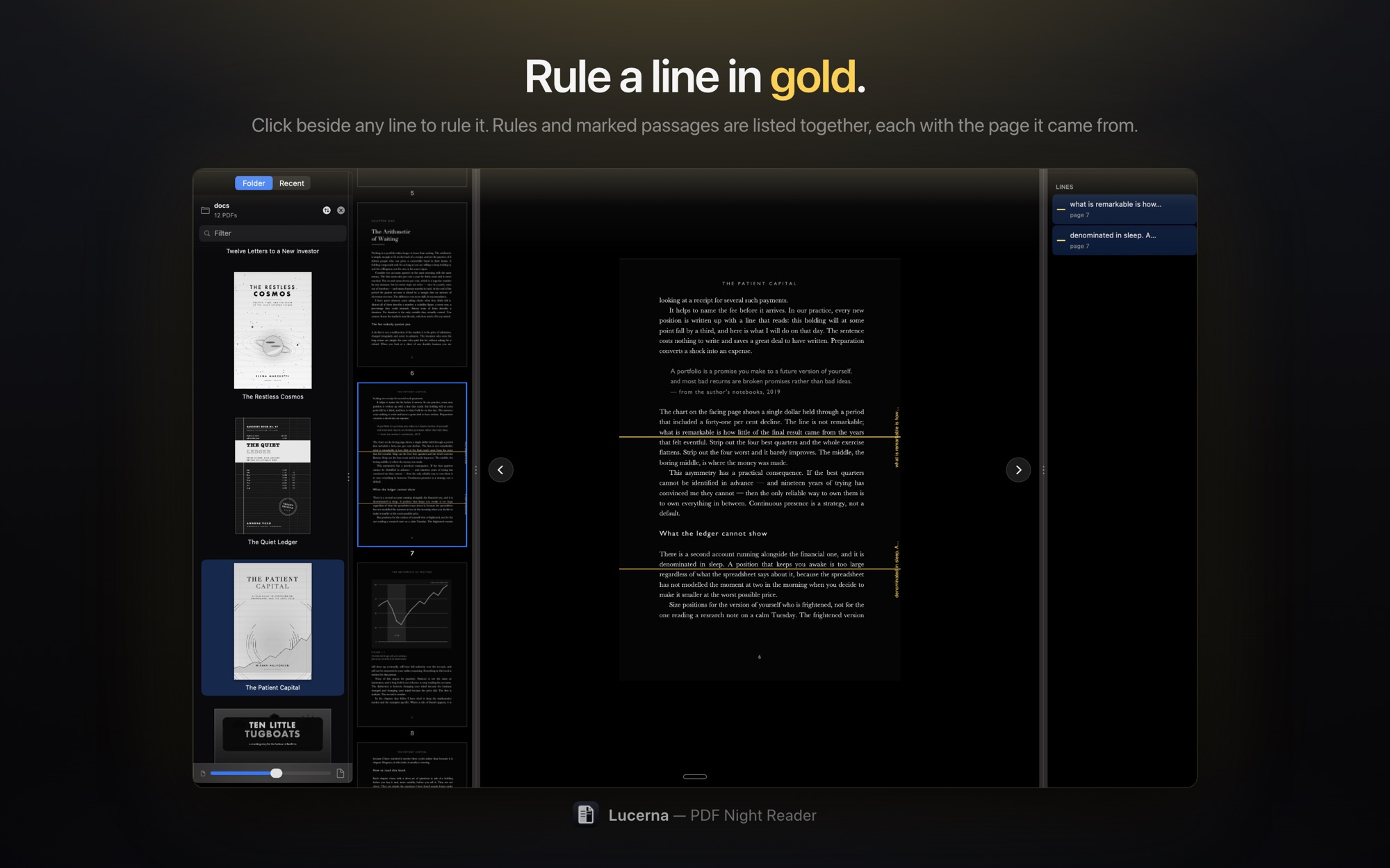 A line ruled in gold beside a paragraph, with rules and marked passages listed together, under the words: rule a line in gold.